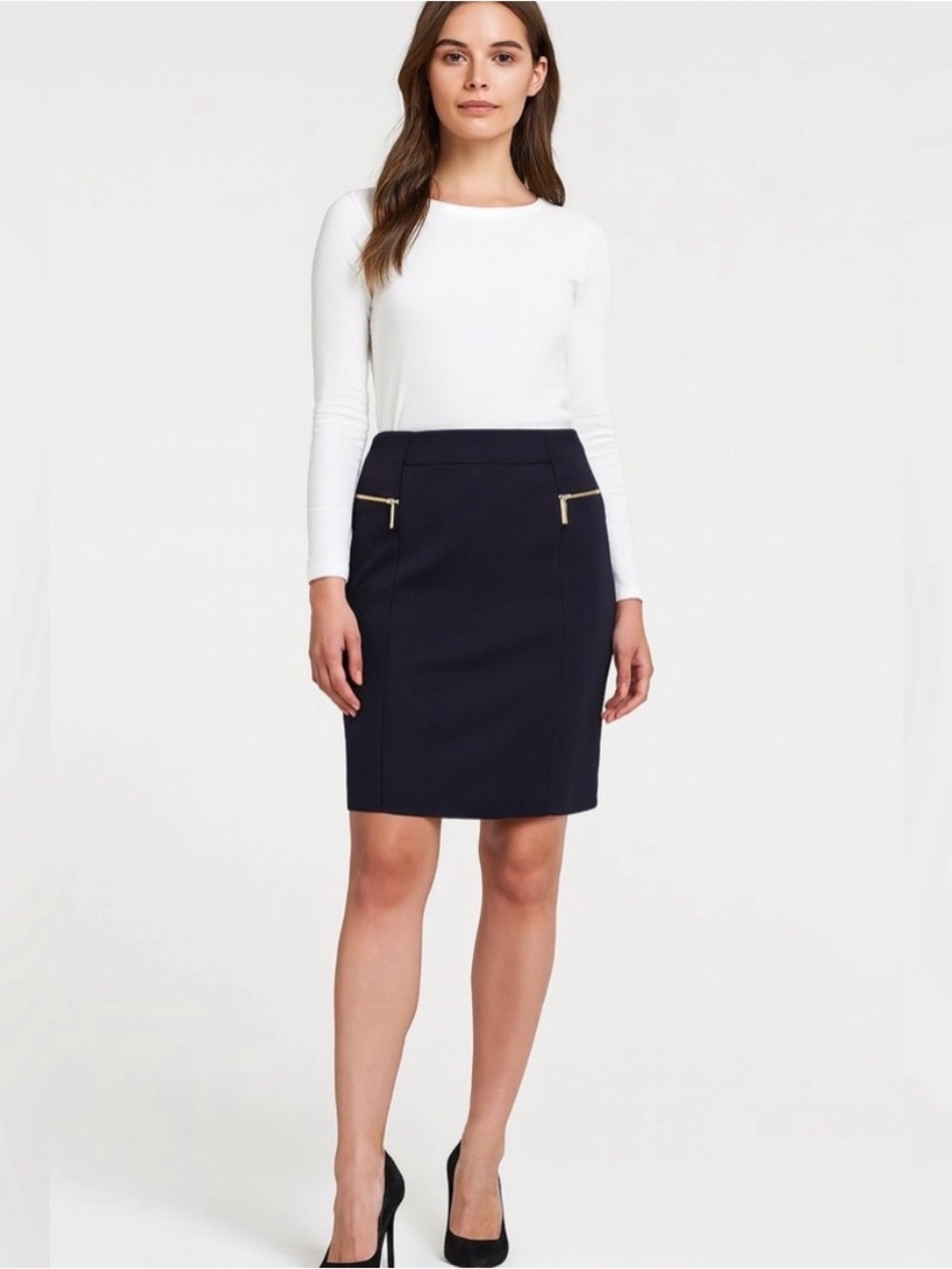 Michael Kors Navy Pencil Skirt with Zip Detail